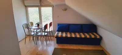 a room with a bed and a table with chairs at Airport Nikki Apartments in Belgrade