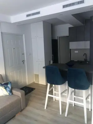 a living room with a table and chairs and a couch at Beograd stan na dan in Novi Beograd