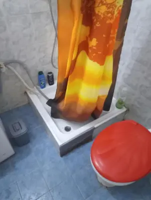 a shower curtain in a bathroom with a red stool at Art studio Banjica in Belgrade
