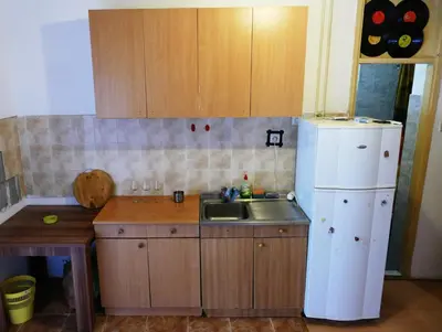 a kitchen with a sink and a white refrigerator at Art studio Banjica in Belgrade