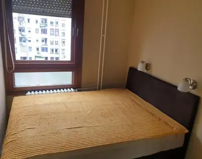 a bed in a room with a window at Apartman Selena in Belgrade
