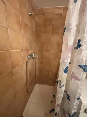 a shower in a bathroom with a shower curtain at Apartman Selena in Belgrade