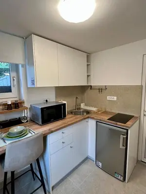 a kitchen with a counter top with a microwave at M Place in Mirijevo