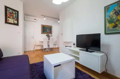 a living room with a flat screen tv and a couch at Sekula's City Center Apartment in Belgrade