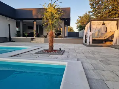 a house with a palm tree next to a swimming pool at Elin House in Inđija