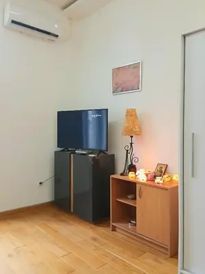 a living room with a tv and a table with a lamp at Luna in Belgrade
