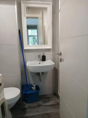 a bathroom with a sink and a toilet and a mirror at Luna in Belgrade