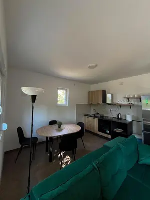 a living room with a green couch and a table at Casa Lisović in Lisović