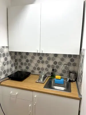 a kitchen counter with a sink and white cabinets at A&D apartment in Belgrade