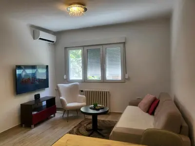 a living room with a couch and a tv at Lux Star Apartment in Belgrade