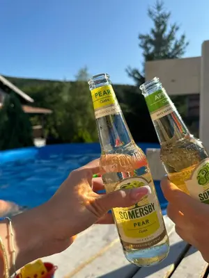 two people holding bottles of beer on a table at Kosmajski vajati Petra in Nemenikuće