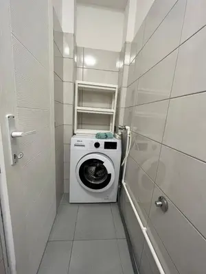 a small bathroom with a washing machine in it at Miran Stan u Srcu Grada in Belgrade