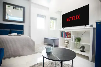 a living room with a couch and a tv at City center - Mirror apartment in Belgrade