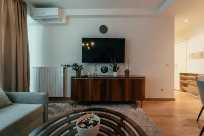 a living room with a couch and a flat screen tv at BW Elite Natureline in Belgrade