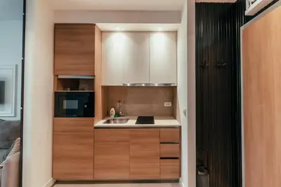 a kitchen with wooden cabinets and a sink at BW Elite Natureline in Belgrade