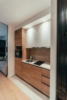 a kitchen with wooden cabinets and a sink at BW Elite Natureline in Belgrade