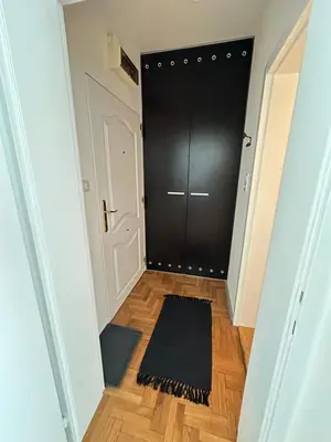 a hallway with a black door and a rug at Urban Nest 36A in Belgrade