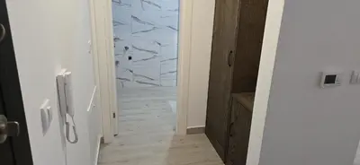 a hallway with a door to a bathroom with a fish wall at Apartman Gora in Irig
