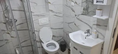 a bathroom with a toilet and a sink and a shower at Apartman Gora in Irig
