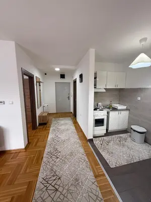 a large kitchen with white cabinets and a rug at Port 5 in Kalugjerica