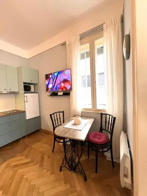 a kitchen with a table and chairs in a room at Belgrade ST6 in Belgrade