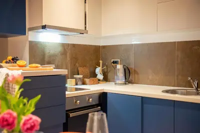 a kitchen with blue cabinets and a sink at Ollio Balkan Escape in Belgrade