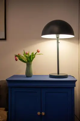 a blue cabinet with a lamp and a vase with flowers at Ollio Balkan Escape in Belgrade