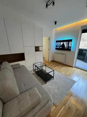 a living room with a couch and a flat screen tv at Belgrade Lounge in Belgrade