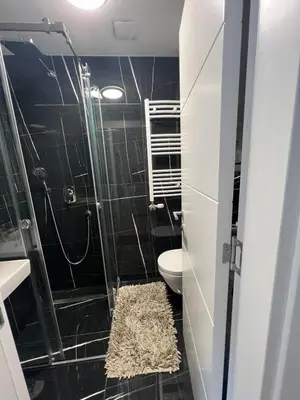 a bathroom with a toilet and a glass shower at Belgrade Lounge in Belgrade