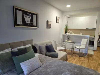 a living room with a couch and a kitchen at Slavia center apartment in Belgrade