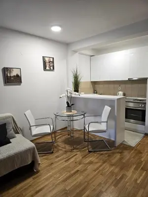 a living room with a table and chairs and a kitchen at Slavia center apartment in Belgrade