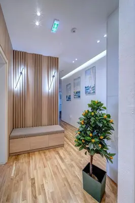 a waiting room with a bench and a potted plant at Spa King Apartments 3 in Belgrade
