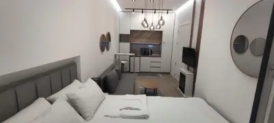 a small room with a bed and a kitchen at Apartment Hilandarska 2 in Belgrade