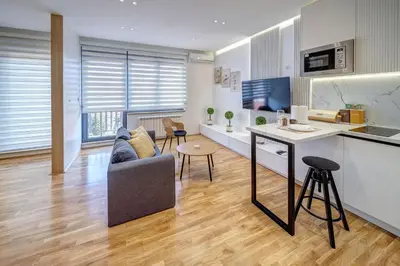 a living room with a couch and a table at Jacuzzi Spa King Apartments FREE PARKING in Belgrade