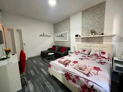a bedroom with a large bed and a couch at Bridge studio in Belgrade