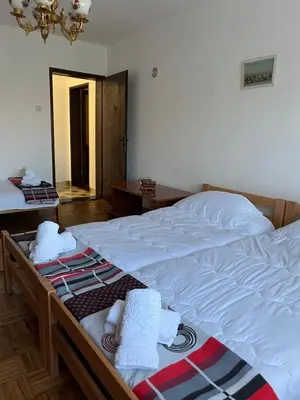 a bedroom with a large bed with towels on it at Loza House in Arandjelovac
