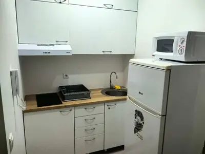 a small kitchen with a white refrigerator and a microwave at B and S apartment 2 in Belgrade