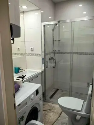 a bathroom with a shower and a washing machine at B and S apartment 2 in Belgrade