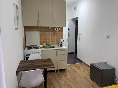 a small kitchen with a stove and a sink at The Cozy George Apartment in Belgrade