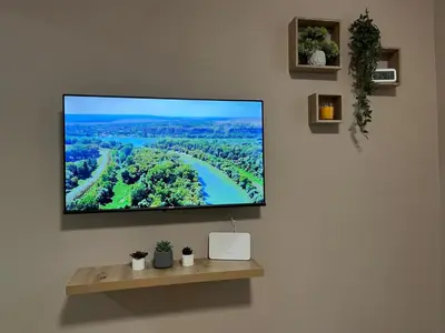 a flat screen tv hanging on a wall at Apartman Momirov Titel