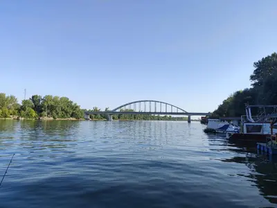 a view of a river with a bridge in the background at Apartman Momirov Titel