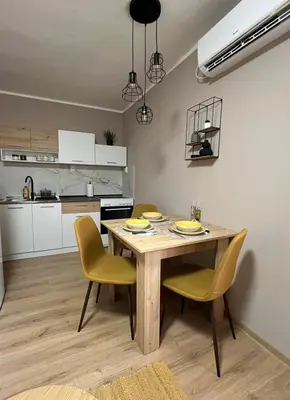 a kitchen and dining room with a wooden table and chairs at Apartman Momirov Titel