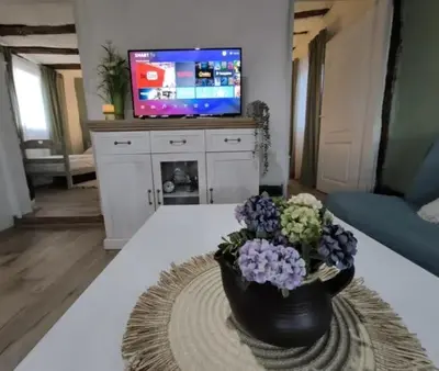 a living room with a vase with flowers on a table at Apartmani Etno Selo Americ