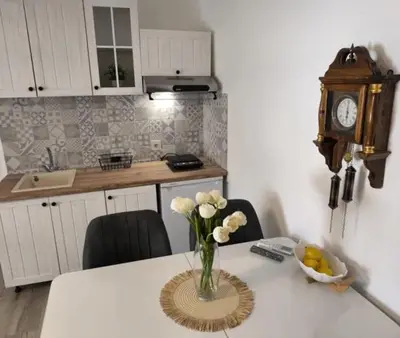 a vase of flowers on a table in a kitchen at Apartmani Etno Selo Americ