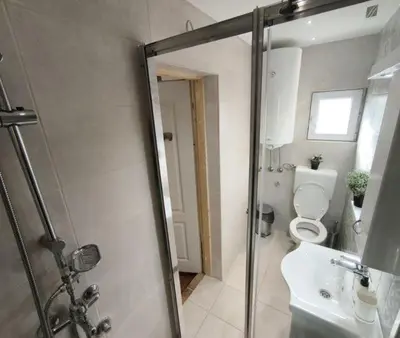 a bathroom with a shower and a toilet and a sink at Apartmani Etno Selo Americ