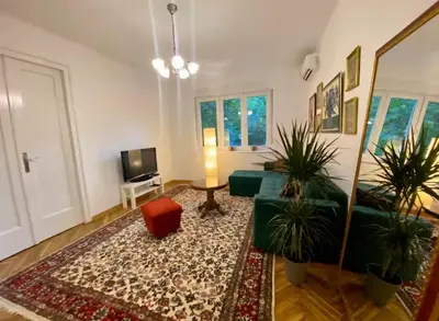 a living room with a couch and a television at Belgrade Apartment Dorcol in Belgrade