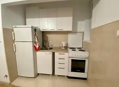 a small kitchen with white cabinets and a white refrigerator at Belgrade Apartment Dorcol in Belgrade