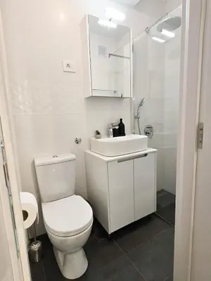 a white bathroom with a toilet and a sink at High White apartments 2 NEW in Belgrade