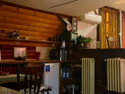 a kitchen with a counter and a refrigerator in a room at Apartment Jancic in Smederevo