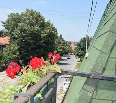 a balcony with red flowers on the side of a building at Apartment Jancic in Smederevo